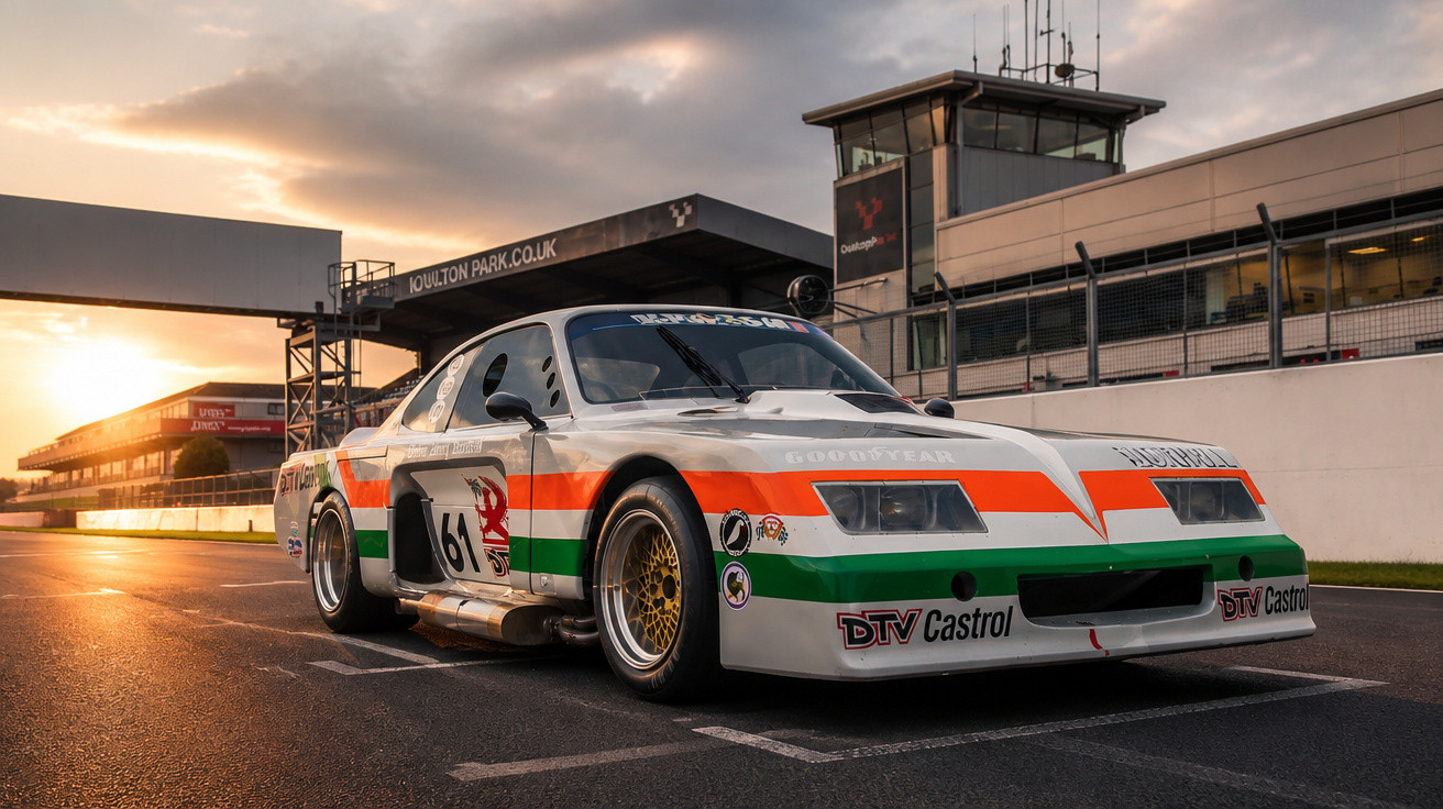 Voiture de course blanche avec bandes orange et verte au coucher du soleil sur un circuit de course.