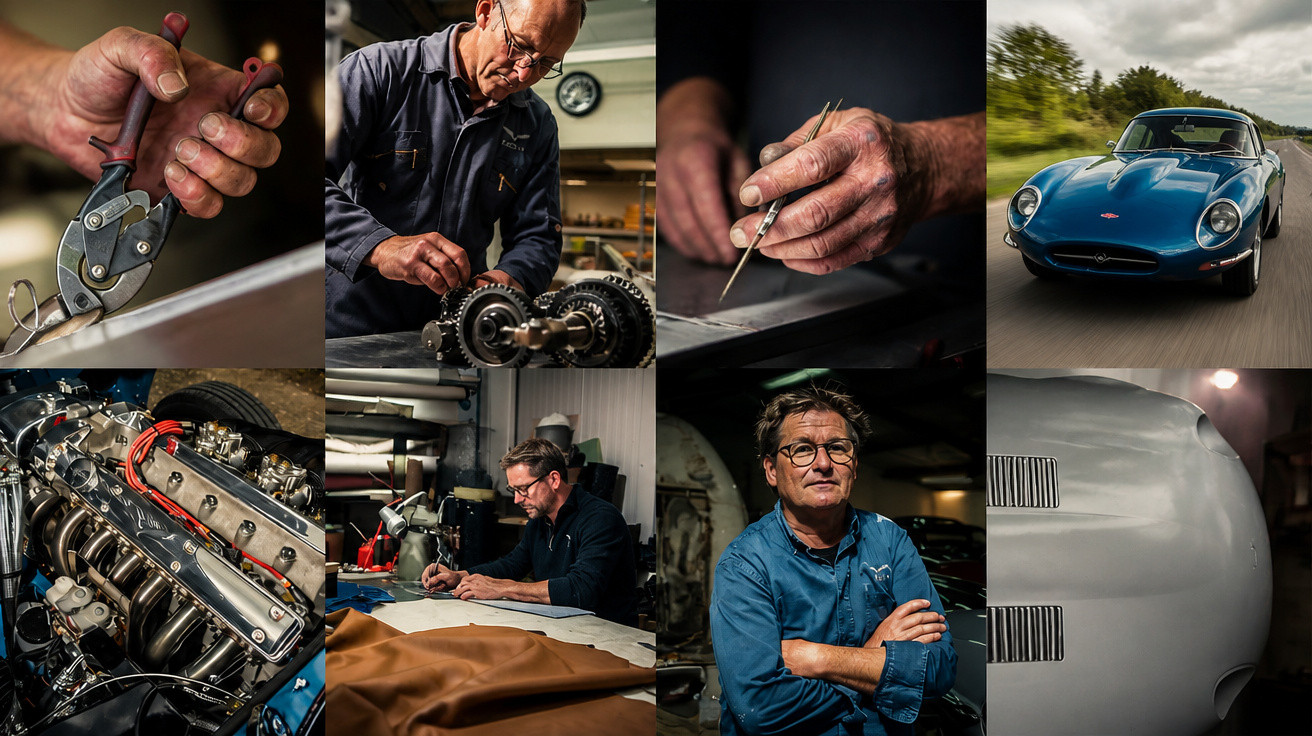 Collage montrant des artisans au travail, pièces de moteur, voiture classique bleue en mouvement et gros plan de carrosserie.