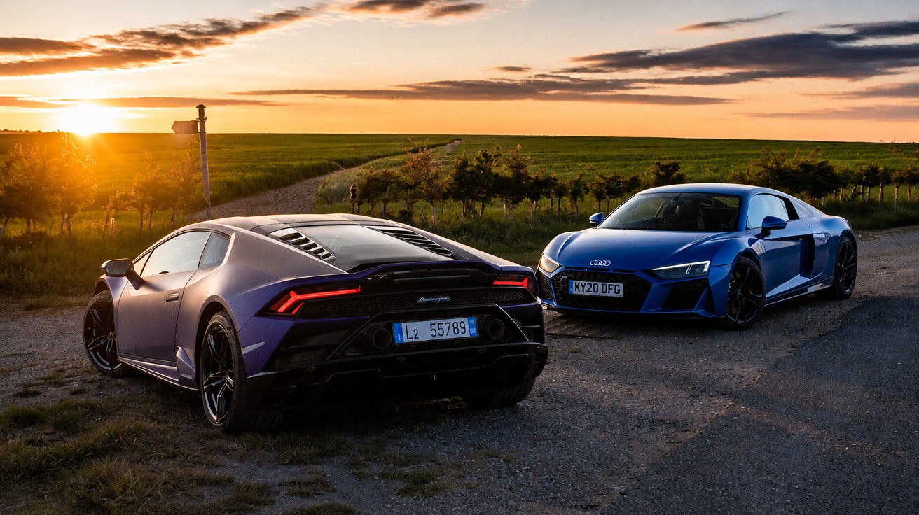 Deux voitures de sport, une Lamborghini violette et une Audi R8 bleue, garées sur une route au coucher du soleil.