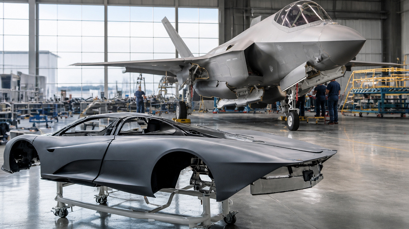 Carrosserie grise d'une voiture sportive devant un avion de chasse dans un hangar industriel.
