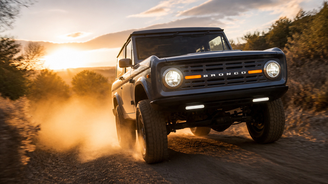 SUV Ford Bronco noir roulant sur un chemin poussiéreux au coucher de soleil entre les arbres.