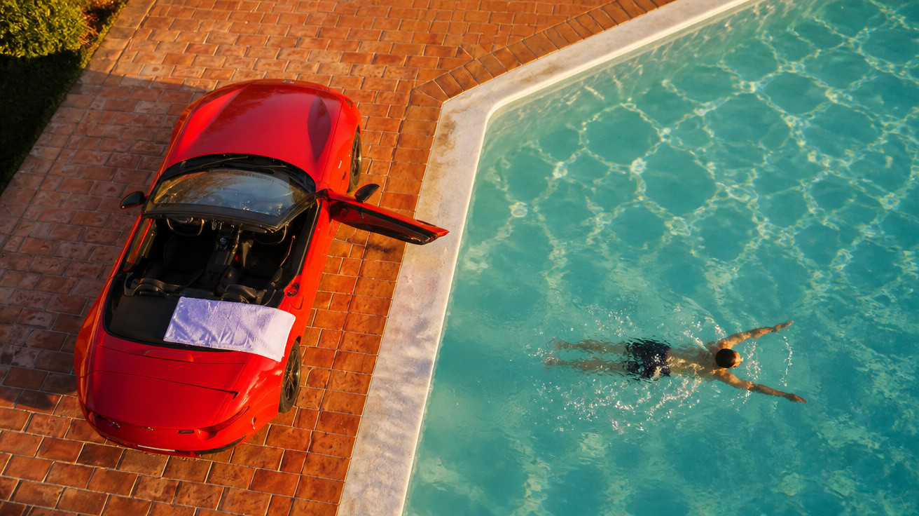 Voiture de sport rouge stationnée à côté d'une piscine où un homme nage sur le dos.