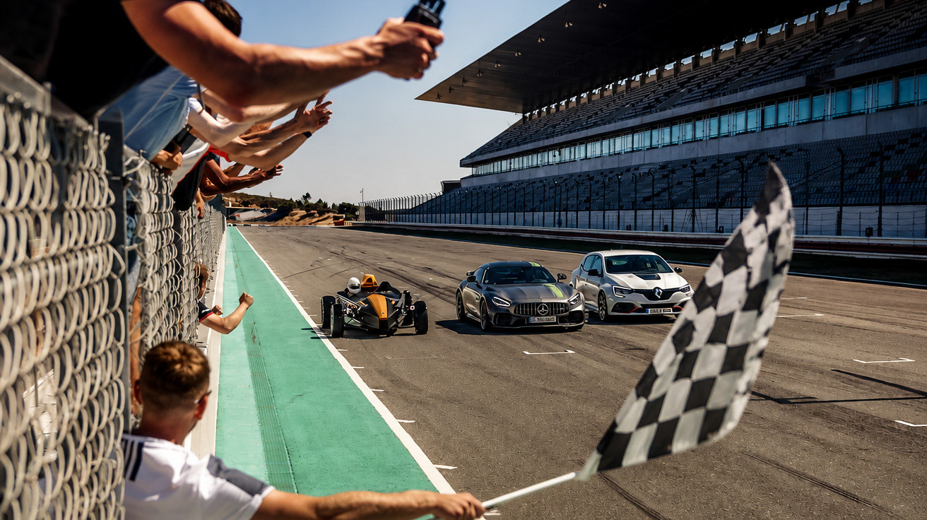 Course automobile sur circuit avec trois voitures franchissant la ligne d’arrivée, drapeau à damier agité.