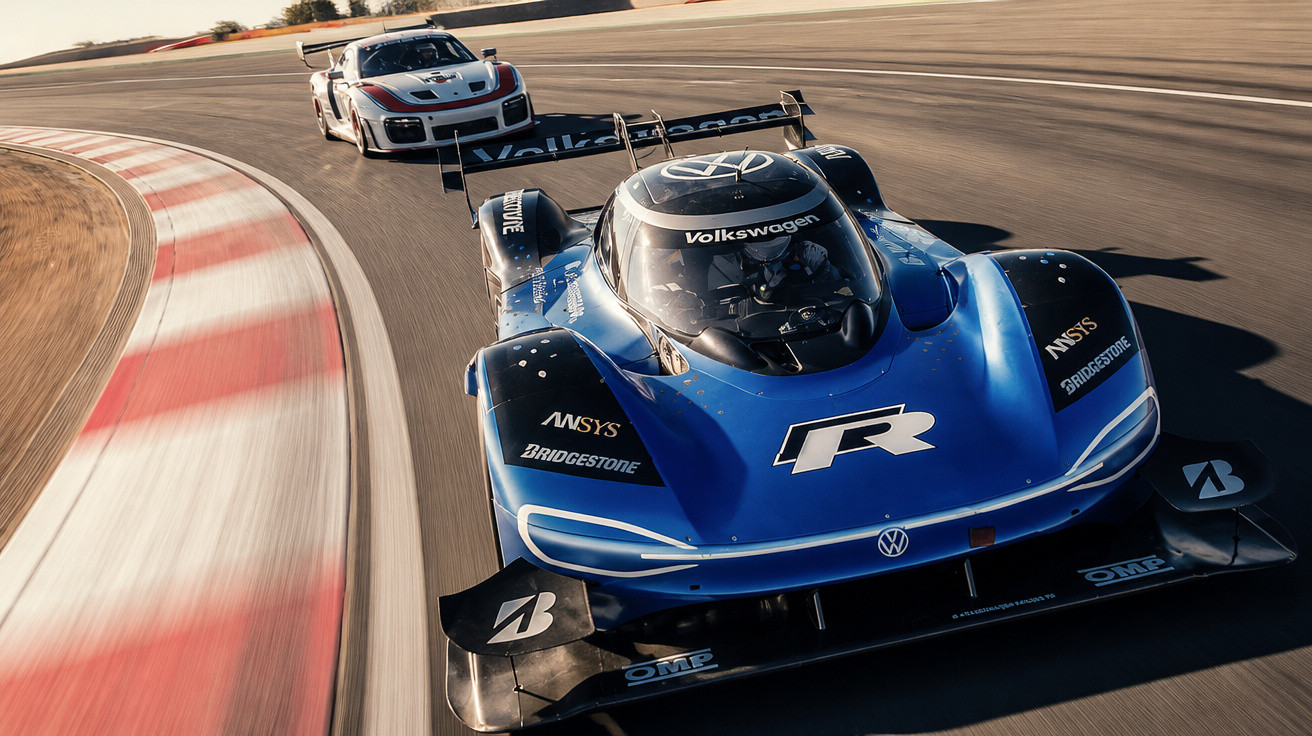 Deux voitures de course Volkswagen bleu et blanc virent sur un circuit au soleil.
