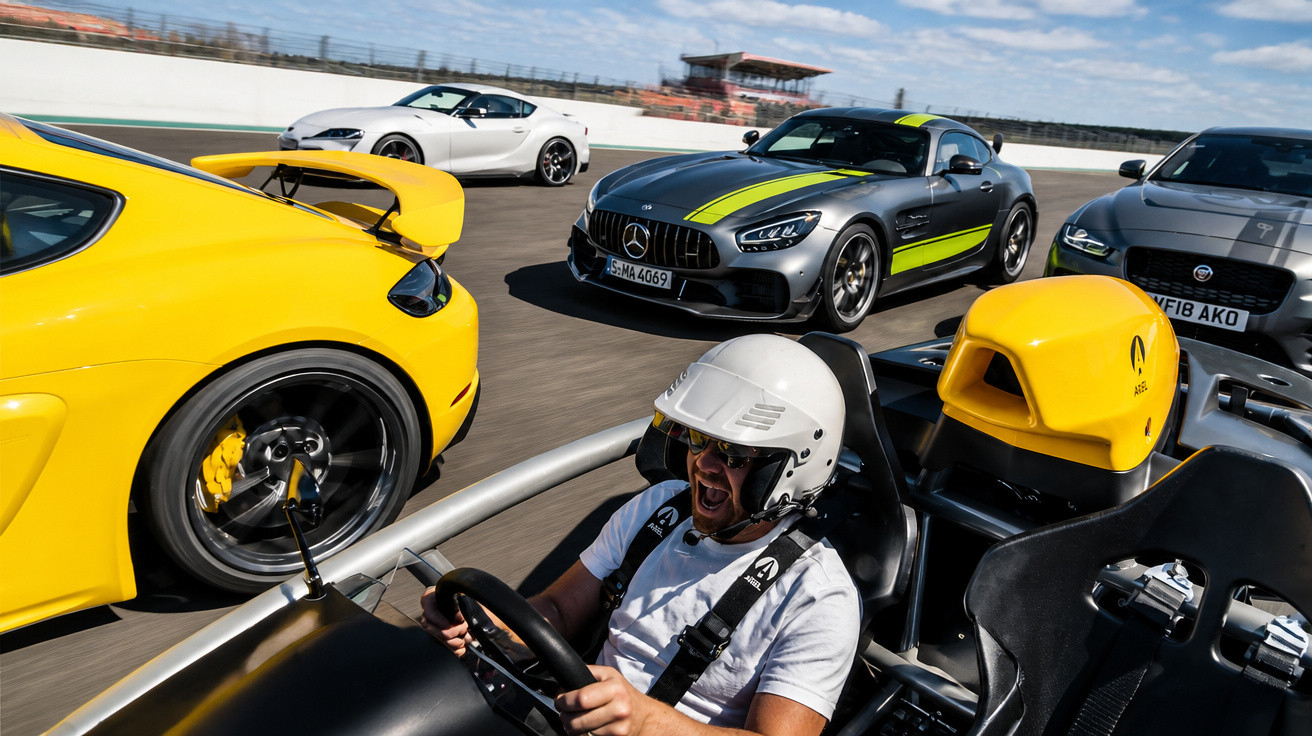 Homme en casque blanc conduisant une voiture de course ouverte entouré de voitures sportives sur un circuit.