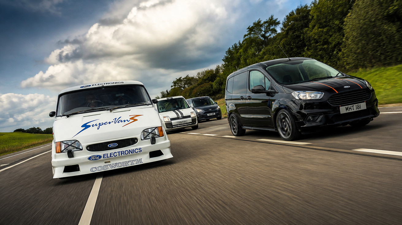 Quatre fourgonnettes Ford roulant rapidement sur une route en campagne sous un ciel nuageux.