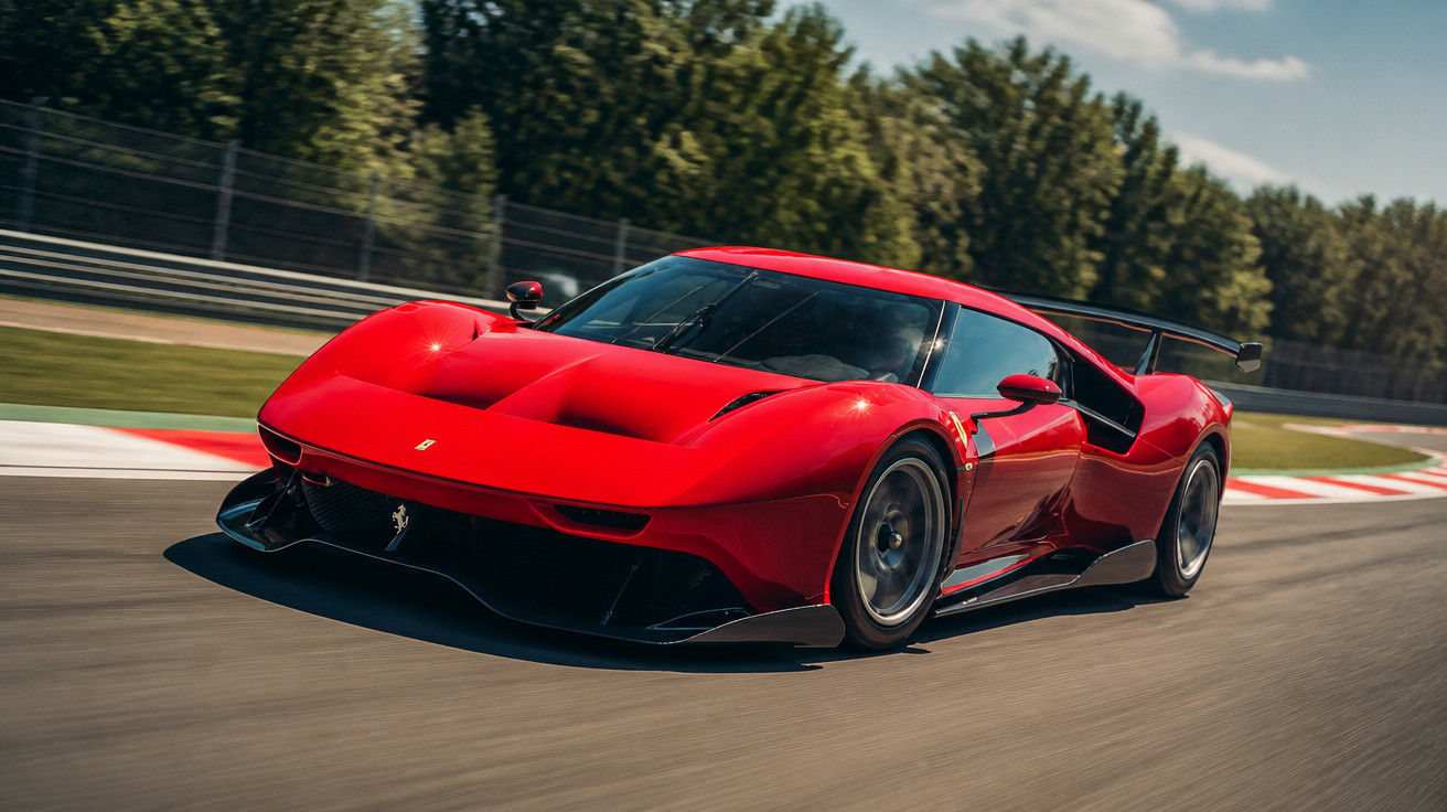 Voiture de course rouge Ferrari en virage sur circuit avec arbres verts en arrière-plan.