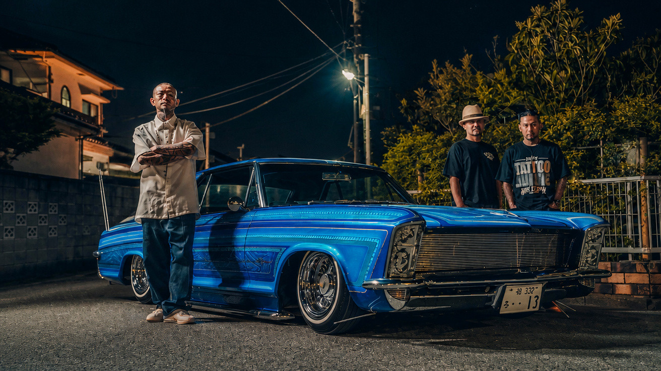 Trois hommes posent la nuit autour d'une voiture basse bleue brillante sur une rue urbaine.