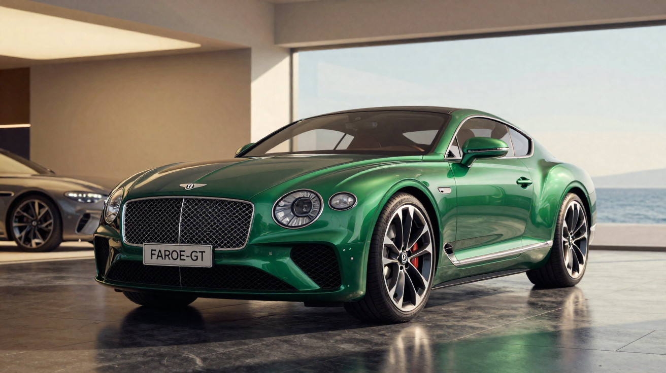 Voiture de sport Bentley verte stationnée dans un garage lumineux avec vue sur la mer.