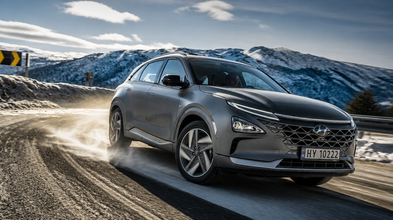 Voiture Hyundai noire roulant sur une route montagneuse enneigée avec montagnes en arrière-plan.