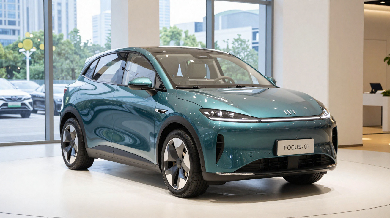 Voiture électrique compacte verte exposée en intérieur sur un podium rond avec grandes fenêtres en arrière-plan.