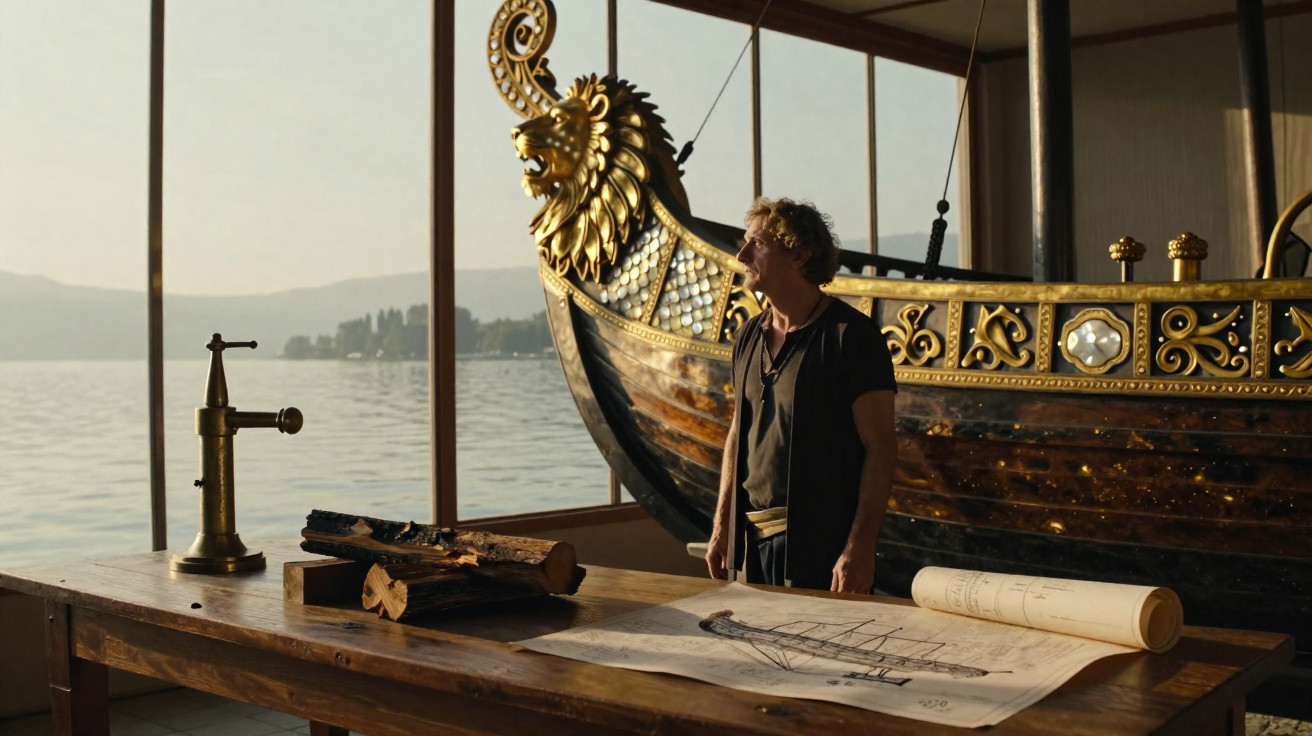 Un homme regarde un modèle de bateau orné d'une tête de lion dorée près d'une table avec plans et bois au bord d'un lac.