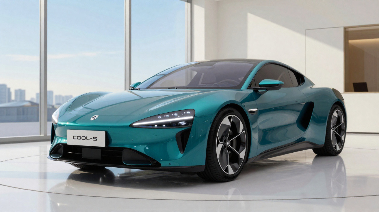 Voiture de sport électrique bleue métallisée exposée dans une pièce lumineuse avec grandes fenêtres.