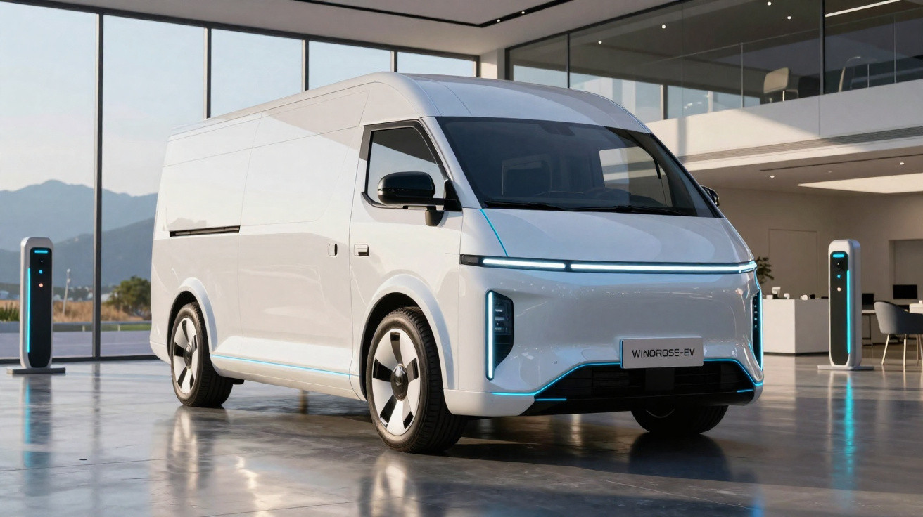 Fourgonnette électrique blanche moderne avec éclairage LED, station de recharge en arrière-plan dans un showroom lumineux.