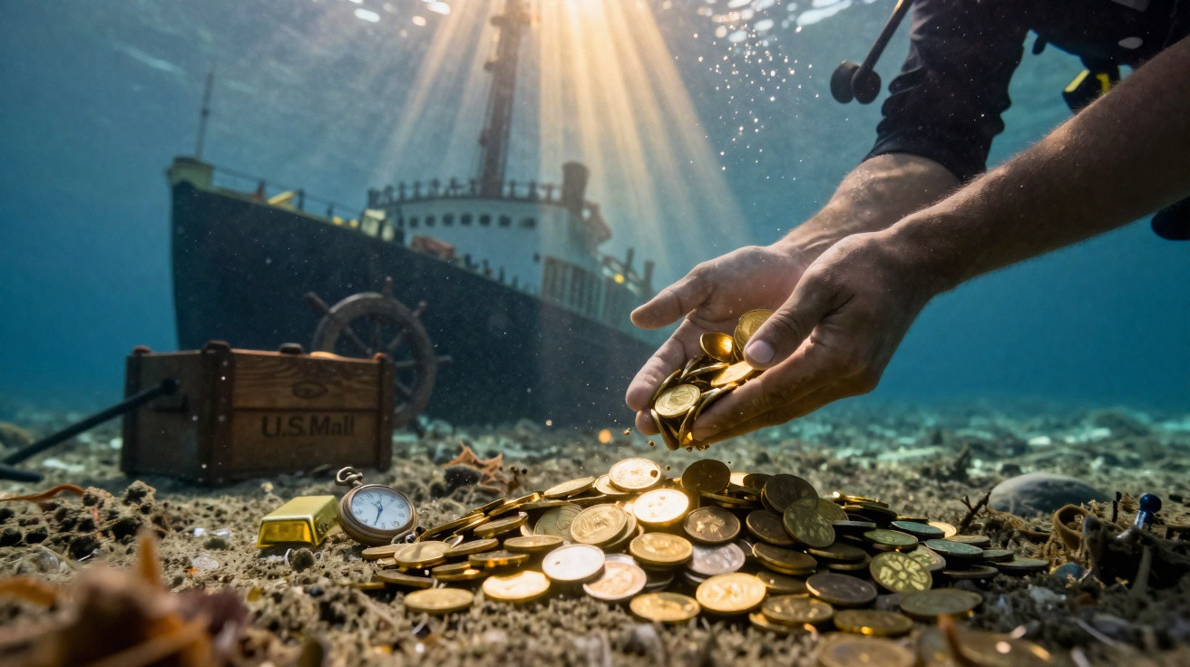 Plongeur ramassant des pièces d’or au fond marin près d’une épave de bateau avec un coffre US Mail.