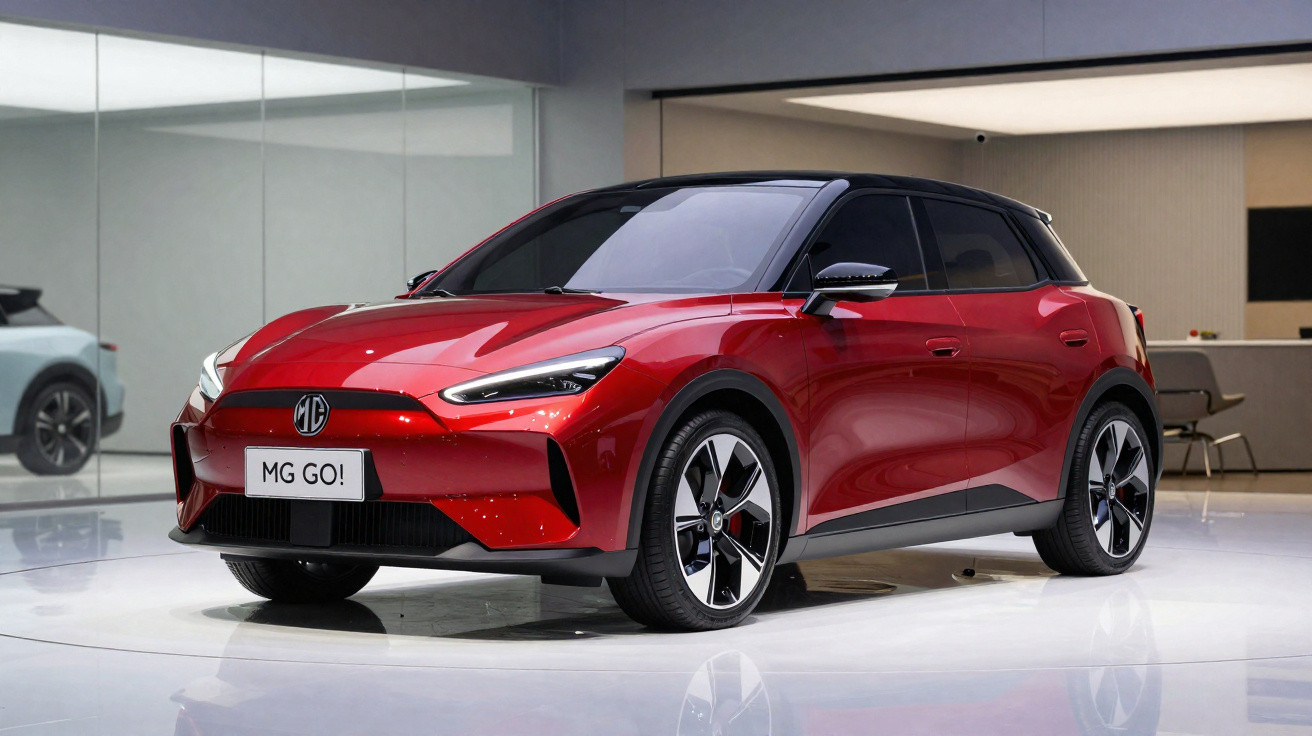 Voiture compacte électrique rouge MG GO! exposée dans un showroom moderne et lumineux.