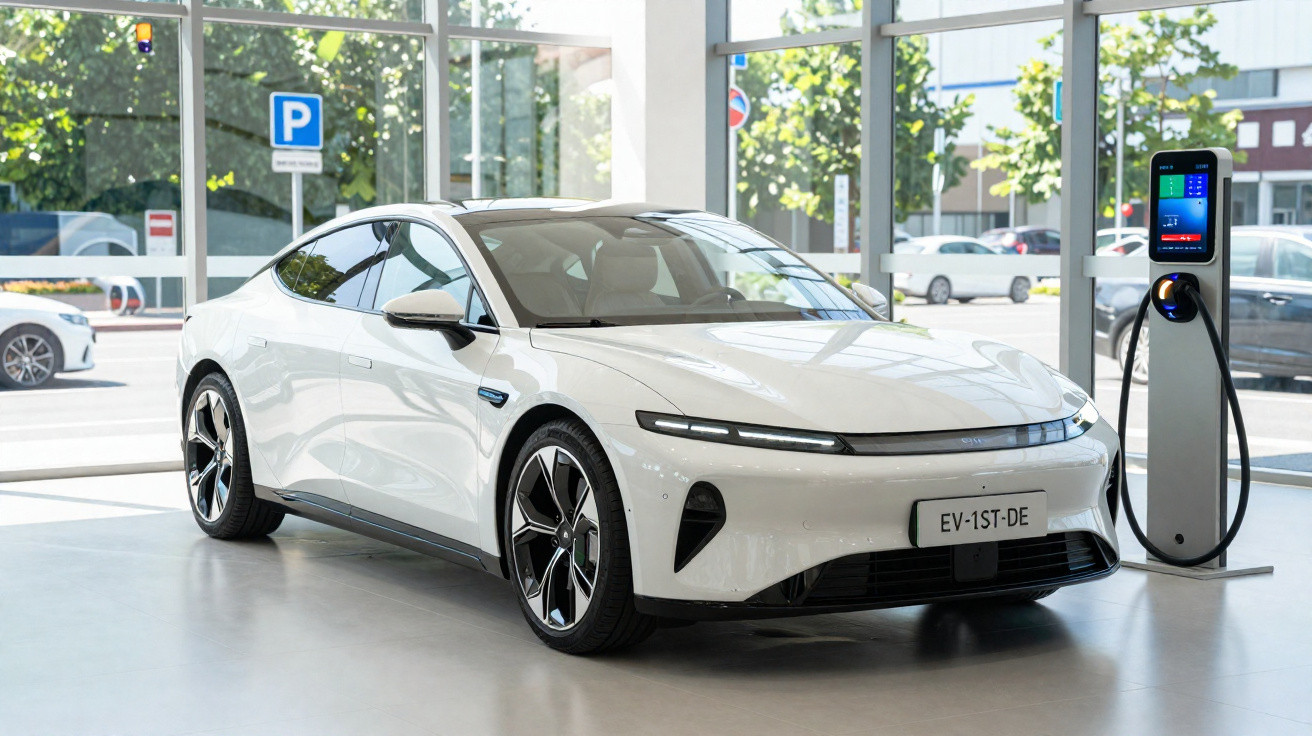 Voiture électrique blanche en train de charger dans un showroom lumineux avec grandes fenêtres et bornes de recharge.