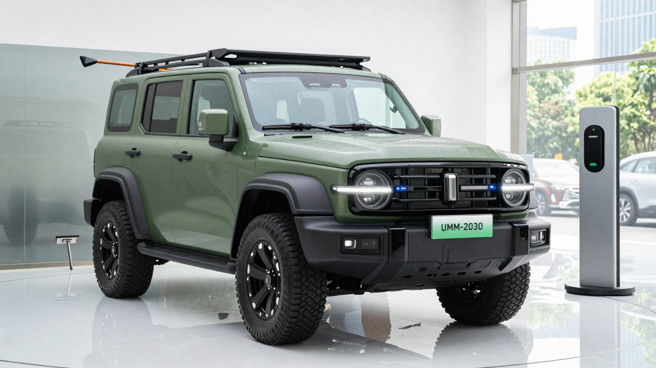SUV tout-terrain vert olive électrique stationné en intérieur près d'une borne de recharge moderne