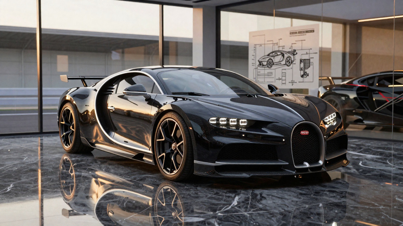 Voiture de sport noire brillante Bugatti exposée dans un showroom moderne avec sol en marbre et grandes fenêtres.