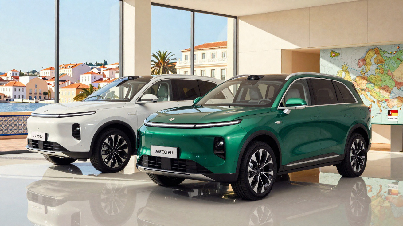 Deux SUV électriques modernes, un vert et un blanc, exposés dans un showroom lumineux avec vue sur la mer.