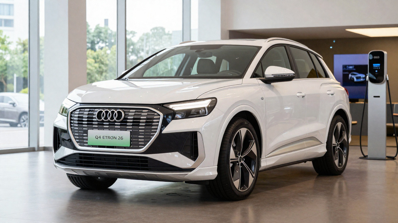 Audi Q4 e-tron blanc stationné dans un showroom moderne avec borne de recharge électrique à proximité.