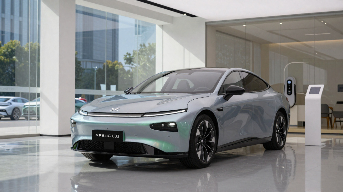 Voiture électrique grise XPeng L03 exposée dans un showroom moderne et lumineux avec grandes baies vitrées.