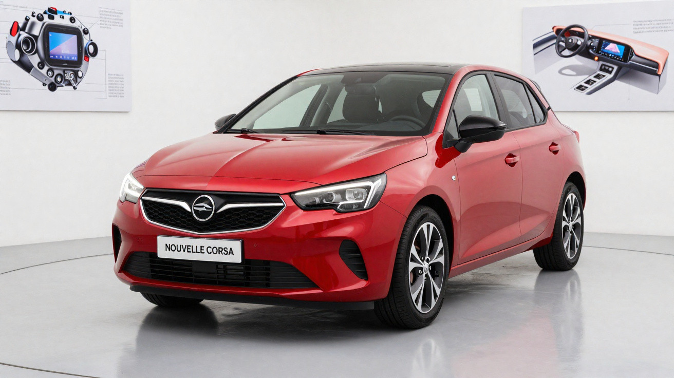 Voiture compacte rouge Opel Nouvelle Corsa exposée sur fond blanc en studio.