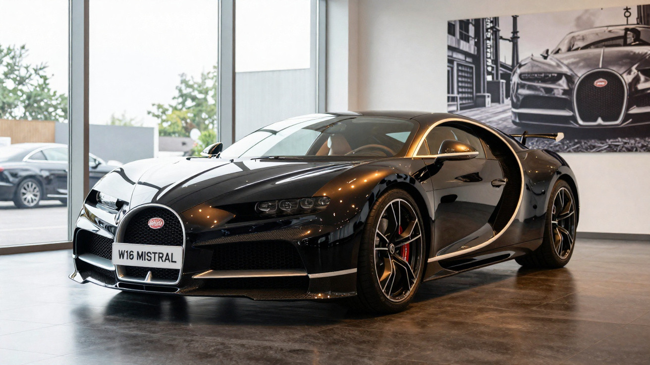 Voiture de sport Bugatti Chiron noire exposée dans un showroom moderne avec vitres et photo murale.