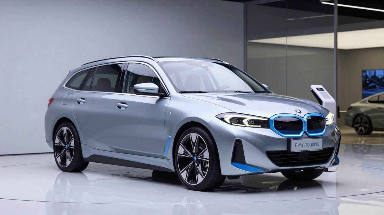 Voiture électrique BMW Touring grise avec détails bleus exposée dans un showroom moderne.
