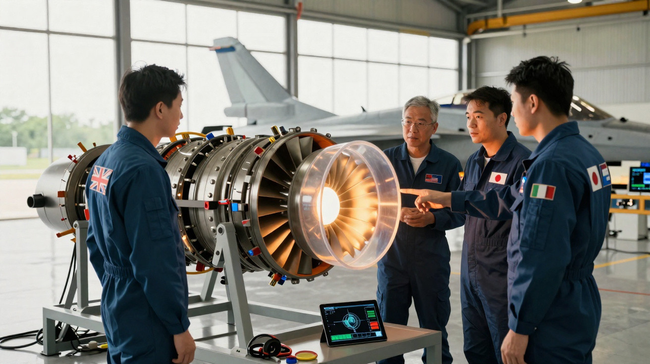 Quatre ingénieurs en combinaison discutent d’un moteur à réaction dans un hangar avec un avion en arrière-plan.