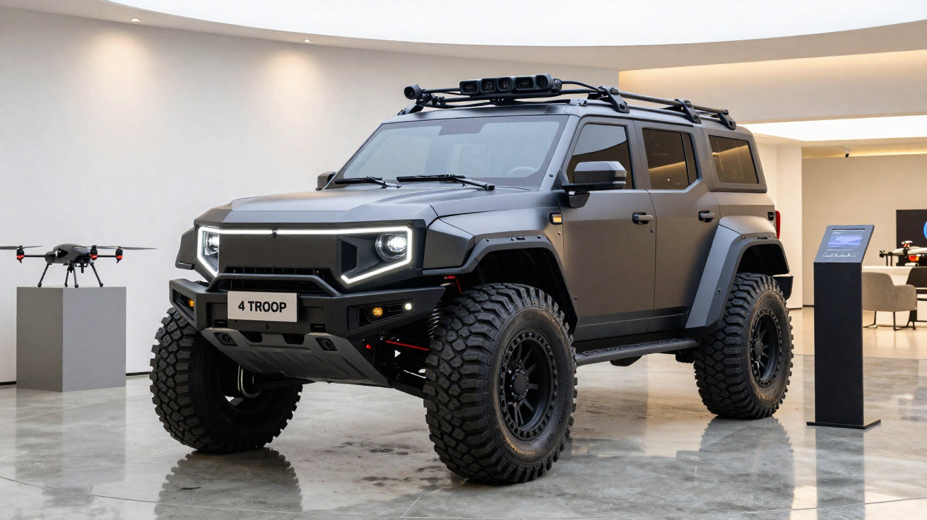 Véhicule tout-terrain électrique noir mat avec pneus larges exposé dans un showroom moderne.