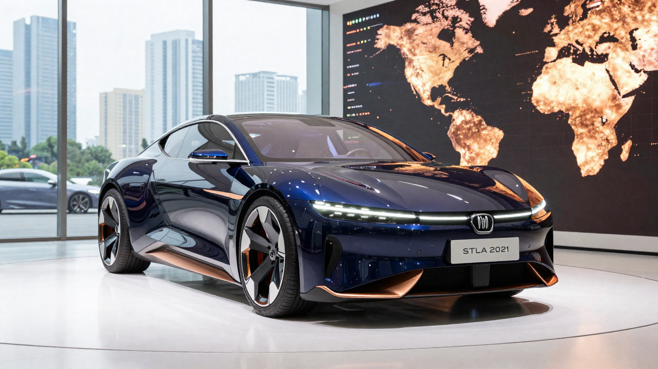 Voiture de sport électrique noire et cuivre exposée dans un showroom moderne avec carte du monde lumineuse.