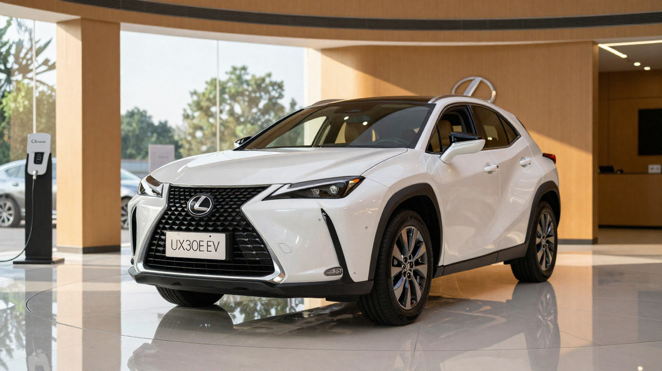 Véhicule électrique Lexus UX30E EV blanc exposé dans un showroom moderne avec borne de recharge visible.