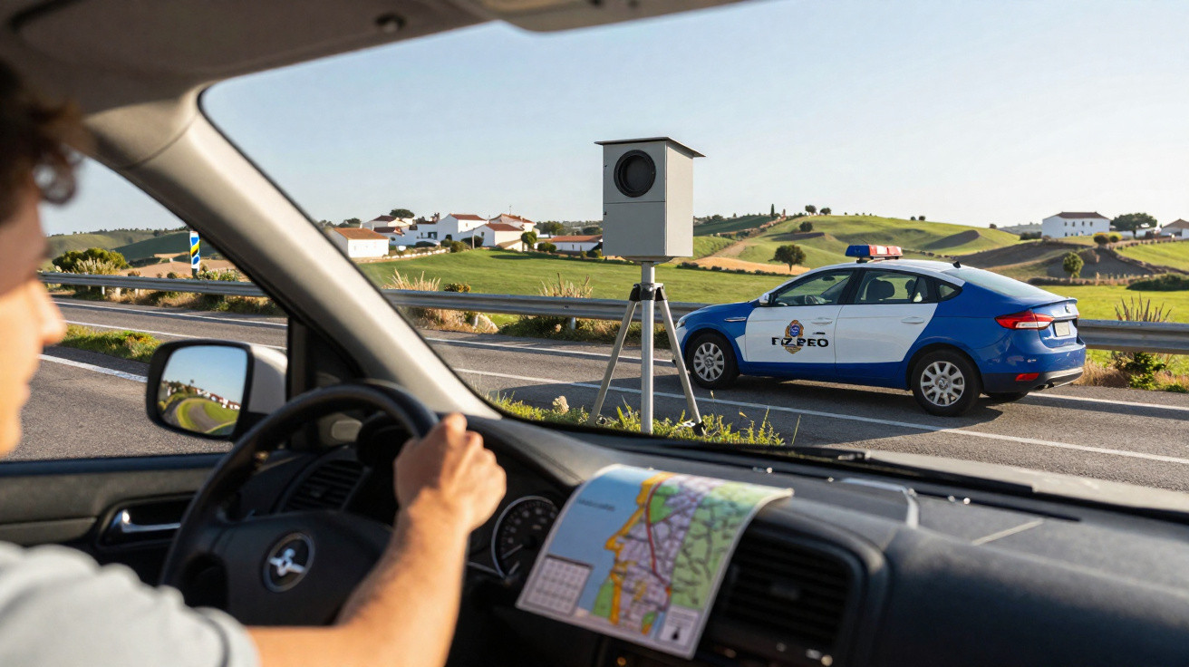 Conducteur dans une voiture passant devant un radar fixe avec une voiture de police garée sur une route de campagne.
