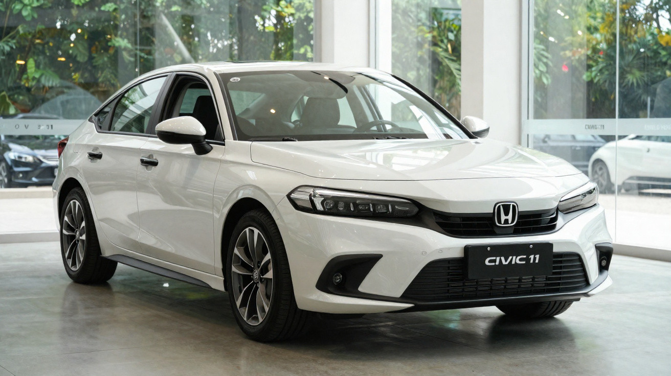 Voiture Honda Civic 11 blanche garée dans un showroom moderne avec grandes baies vitrées.