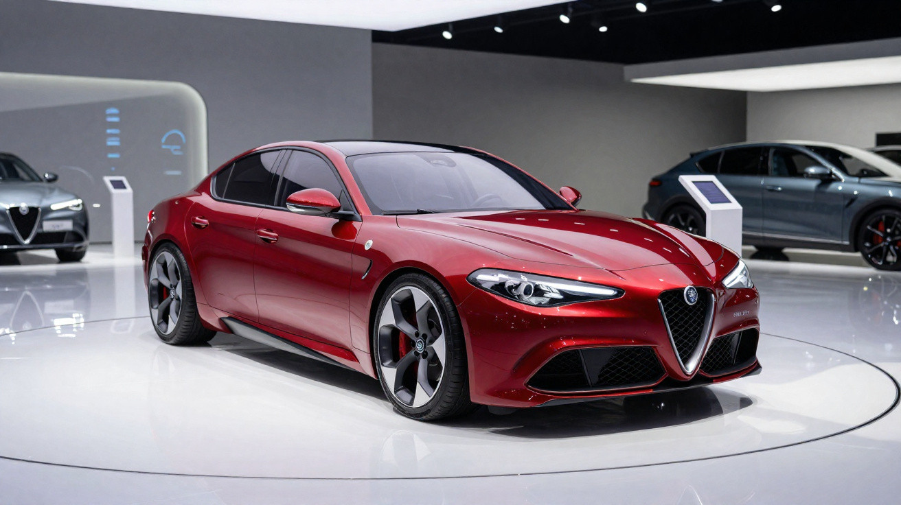 Voiture sportive rouge Alfa Romeo exposée dans un showroom moderne avec d'autres véhicules en arrière-plan.