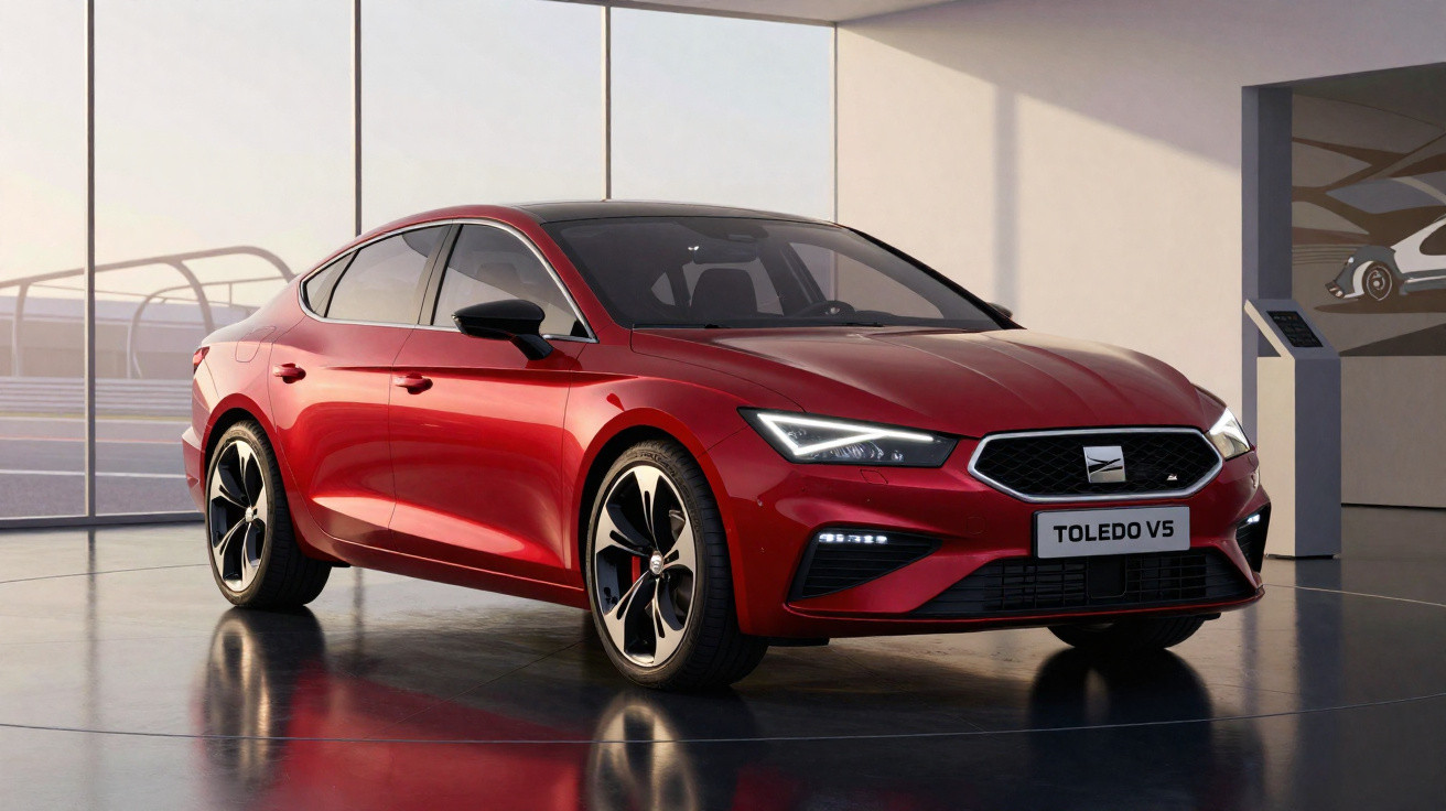 Voiture rouge sportive SEAT Toledo V5 exposée dans un showroom moderne avec sol brillant.