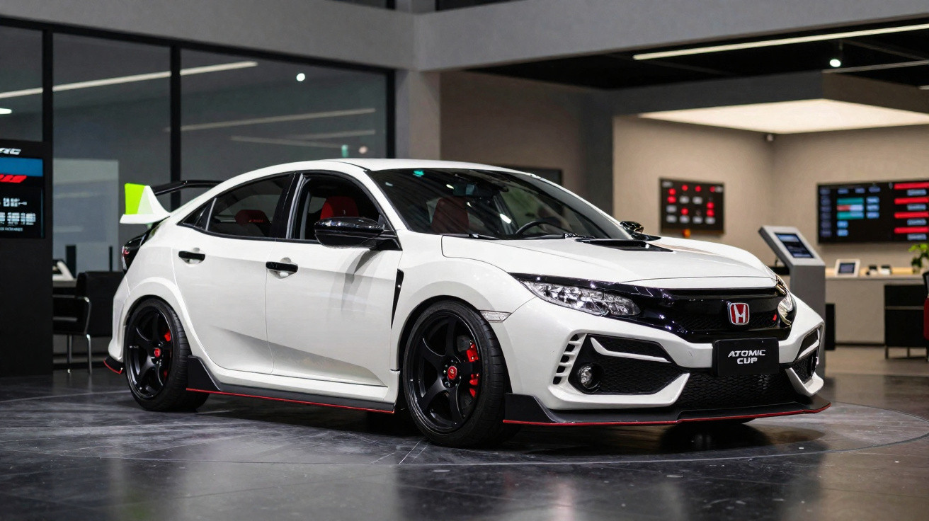 Voiture de course Honda Civic Type R blanche avec jantes noires exposée en intérieur moderne.
