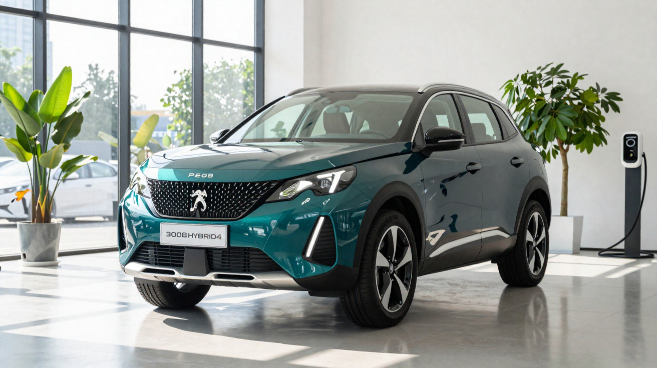 Peugeot 3008 Hybrid4 gris bleu exposée dans une salle lumineuse avec grandes fenêtres et plantes vertes.