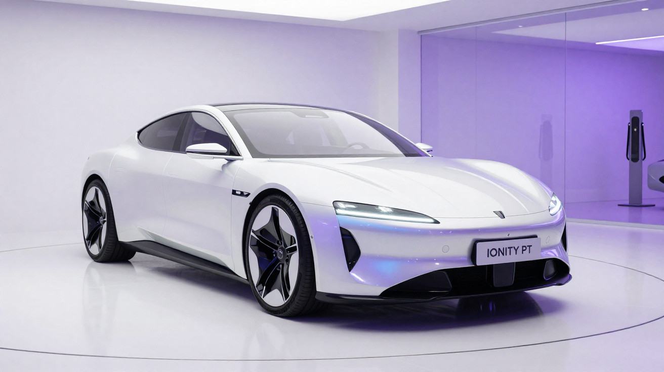 Voiture électrique sportive blanche de design futuriste exposée dans une pièce à éclairage violet.