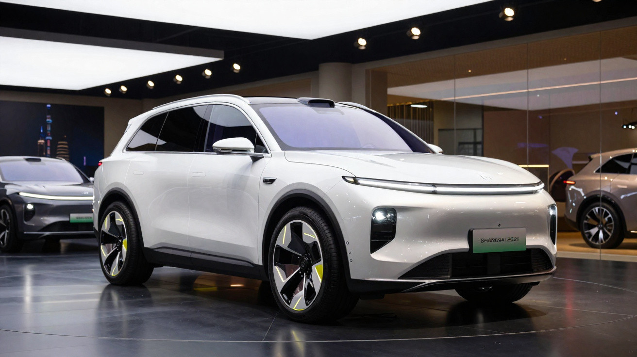 SUV électrique blanc exposé dans un showroom moderne avec éclairage au plafond et autres véhicules en arrière-plan.