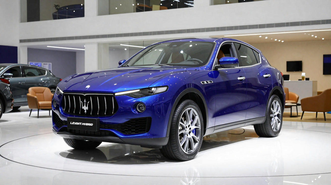 SUV Maserati Levante hybride bleu exposé en showroom moderne avec fauteuils oranges en arrière-plan.