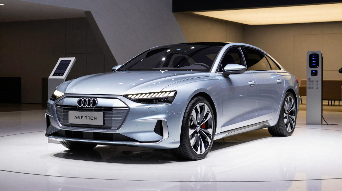 Audi A6 E-Tron grise électrique exposée dans un showroom moderne avec borne de recharge visible.