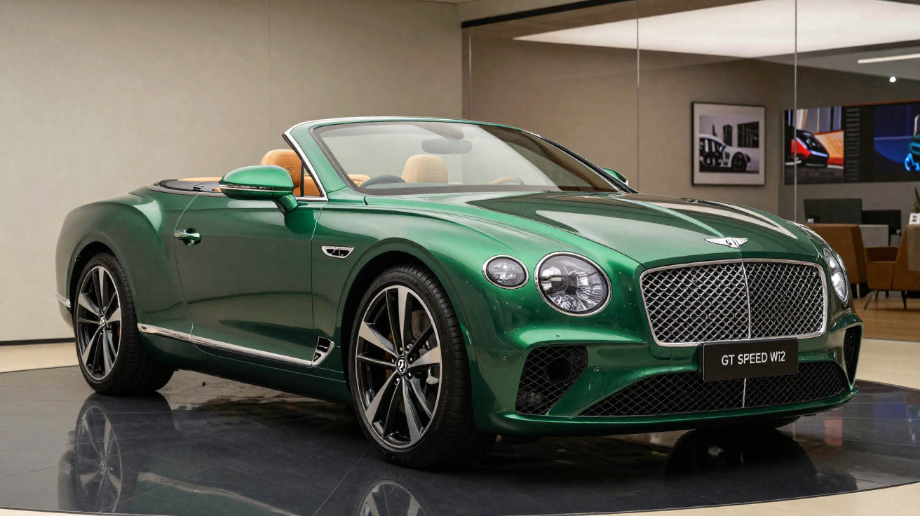 Bentley GT Speed W12 décapotable verte exposée dans un showroom avec intérieur en cuir beige.