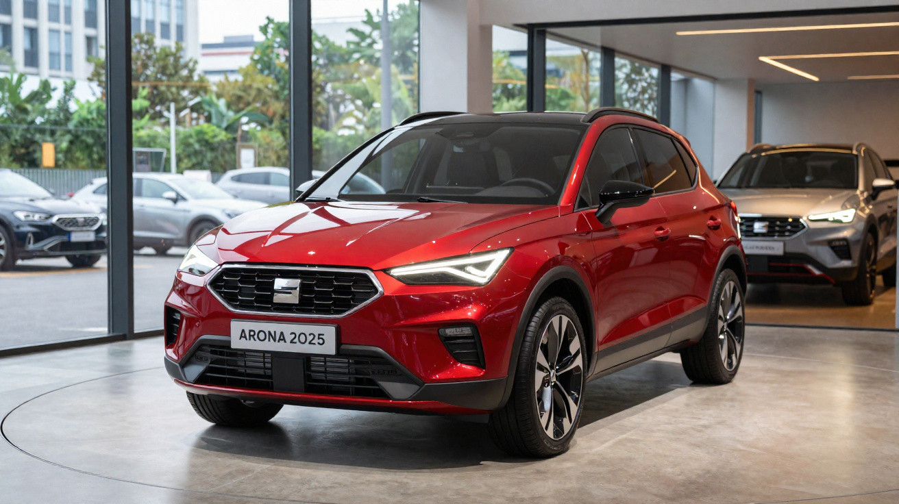 SUV compact rouge Seat Arona 2025 exposé dans une salle lumineuse avec grandes baies vitrées.