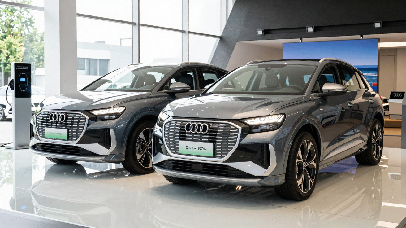 Deux voitures Audi Q4 E-Tron grises exposées dans une concession lumineuse avec grands vitrages.