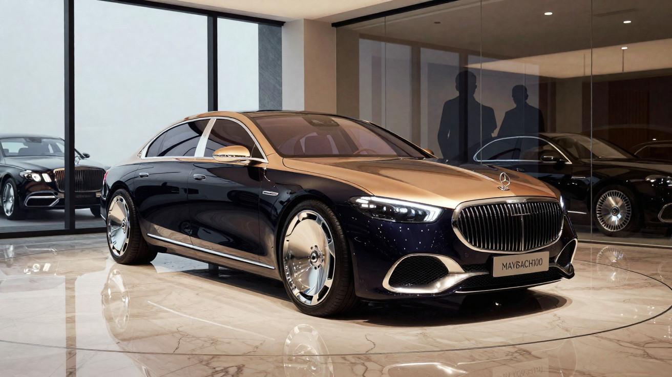 Voiture de luxe Mercedes Maybach en deux tons or et noir exposée dans un showroom moderne.
