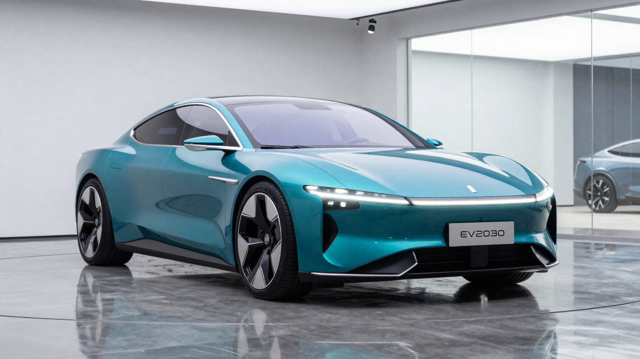 Voiture électrique bleue futuriste EV2030 dans un showroom minimaliste avec sol réfléchissant et miroir mural.