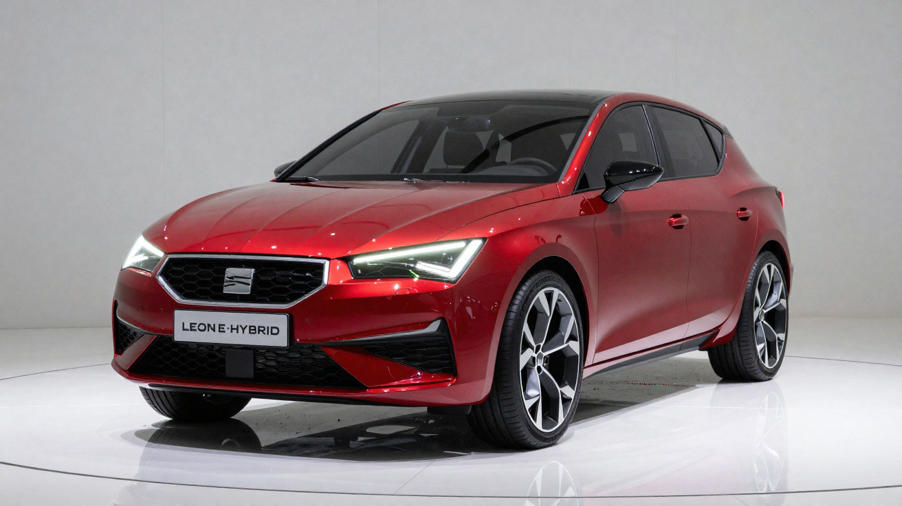 Voiture compacte rouge Seat Leon e-Hybrid vue de trois quarts avant sur fond blanc en studio.