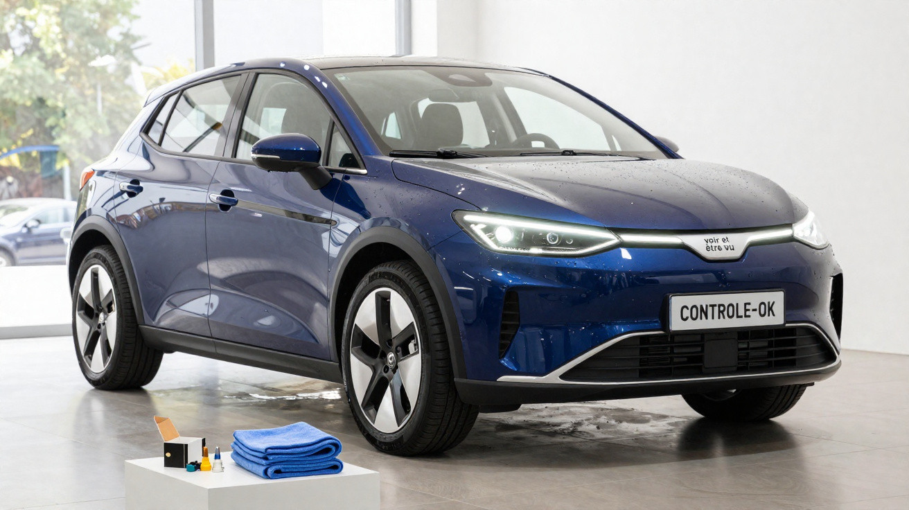 Voiture électrique bleue brillante exposée en intérieur avec plaque d'immatriculation "CONTROLE-OK" et accessoires au sol.